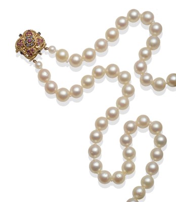 Lot 228 - A Two Row Cultured Pearl Necklace, the pearls knotted to a sapphire and ruby clasp, length of...