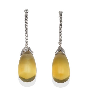 Lot 232 - A Pair of Diamond and Citrine Drop Earrings, a row of round brilliant cut diamonds in white...