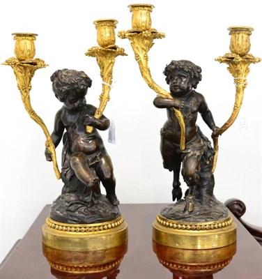 Lot 298 - A Pair of French Gilt and Patinated Bronze Candelabra, late 19th century, after a model by...