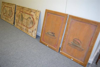 Lot 299 - A Pair of Painted Wood Panels, with scenes of country houses in trompe l'oeil frames painted...