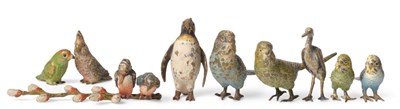 Lot 305 - Two Pairs of Austrian Cold Painted Bronze Budgerigars; Two Parrots; A Penguin; A Stork; and A...