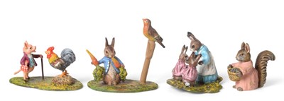 Lot 312 - Four Modern Austrian Cold Painted Bronze Beatrix Potter Groups, Goody Tiptoes, Mrs Rabbit and...