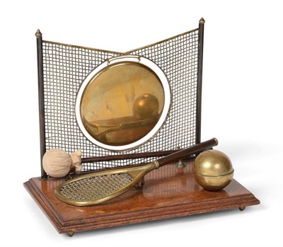 Lot 314 - A Novelty Brass and Oak Gong/Inkstand, circa 1900, the gong suspended within a net, on a...