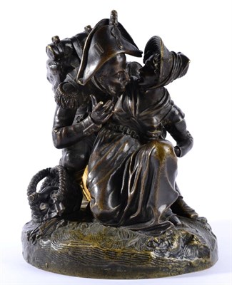 Lot 320 - French School (19th century): A Bronze Group of a Napoleonic Soldier, sitting on a drum leaning...