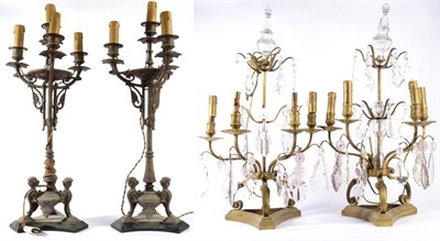 Lot 326 - A Pair of French Bronze Four-Light Candelabra, 19th century, in neo-classical style with scroll...