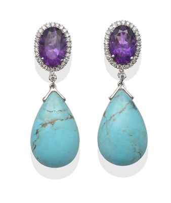 Lot 242 - A Pair of 18 Carat White Gold Amethyst, Diamond and Turquoise Drop Earrings, comprising an oval cut