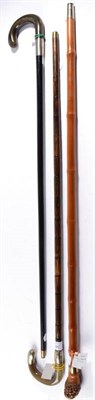 Lot 340 - A Silver and Horn Mounted Ebonised Walking Stick, London 1919, the ferrule engraved with...