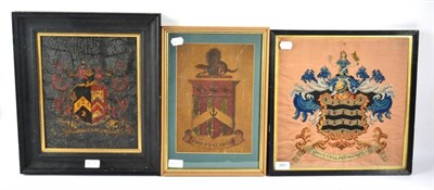 Lot 341 - A Wool and Beadwork Armorial Panel, 19th century, worked in colours and with motto INDUSTRIA...