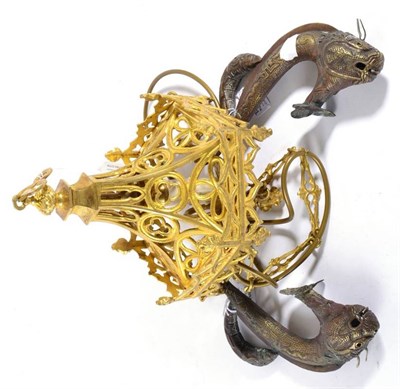 Lot 343 - A Gilt Metal Light Fitting, in Gothic style, with leaf shaped scroll chains and cast and...