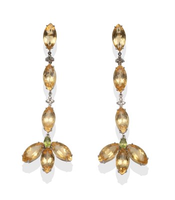 Lot 243 - A Pair of Citrine, Diamond and Peridot Earrings, the drops set with marquise set citrines,...