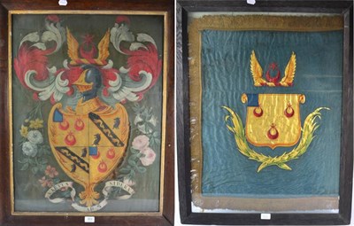 Lot 353 - An Embroidered Silk Armorial Panel, 19th century, worked in colours with a coat of arms on a...