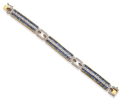 Lot 247 - ~ A Sapphire and Diamond Bracelet, articulated links with a row of round brilliant cut diamonds...