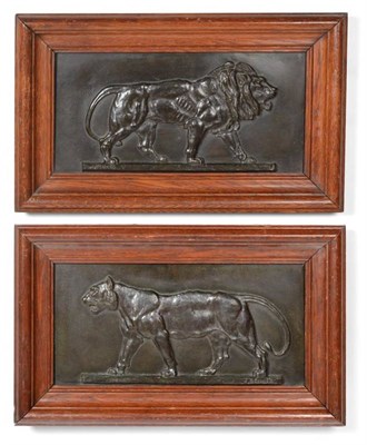 Lot 357 - Jules Bennes (French, late 19th century): A Pair of Bronze Bas-Relief Plaques, depicting a lion and