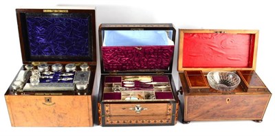 Lot 369 - A Victorian Walnut and Burr Walnut Vanity Case, containing silver plate topped glass bottles...