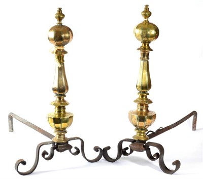 Lot 383 - A Pair of Brass and Wrought Iron Andirons, in 17th century style, with panelled knopped...