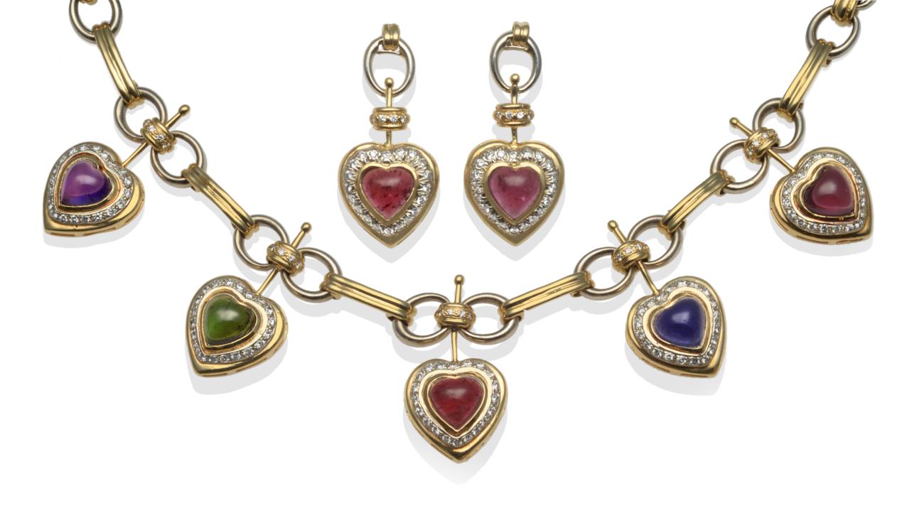 Lot 267 - ~ A Multi-Gemstone and Diamond Necklace, the white and yellow fancy link chain hung with five heart