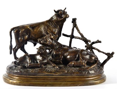 Lot 398 - After Jules Moigniez (French, 1835-1894): A Bronze Group of a Bull, Cow and Calf, by a fence, on an