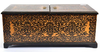 Lot 408 - A Pokerwork Tea Caddy, mid 19th century, with two hinged covers over an arrangement of...