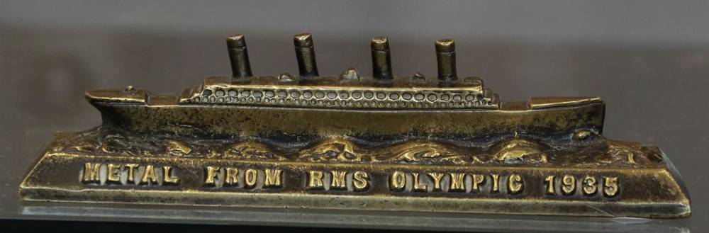 Lot 410 - RMS Olympic: A Paperweight Model of Ship, on plinth base titled Metal From RMS Olympic 1935...