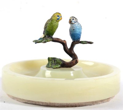 Lot 415 - A Cold Painted Bronze Group of Two Budgerigars, 20th century, perched on a tree branch, on an...