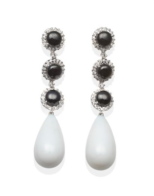 Lot 285 - A Pair of White Gold Onyx and Diamond Drop Earrings, three clusters of onyx within borders of round