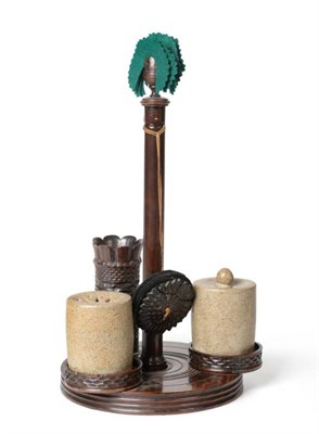 Lot 424 - A Turned Treen Inkstand, 19th century, the central column with acorn finial flanked by an...