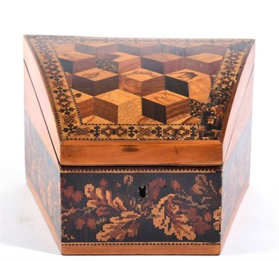 Lot 426 - A Tunbridgeware Stationery Box, circa 1880, of tapering rectangular form, the hinged cover set with