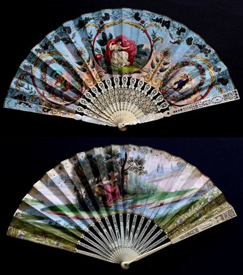 Lot 436 - An 1830-40 Fan, with a double paper leaf, brightly coloured to the recto and showing a rather...