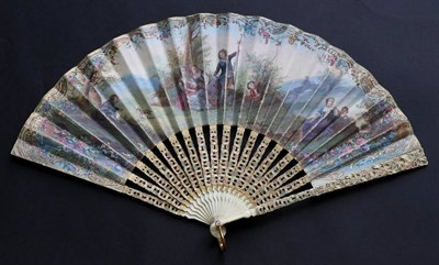 Lot 443 - A 19th Century Ivory Fan, the guards and gorge intricately carved and painted in pastel...