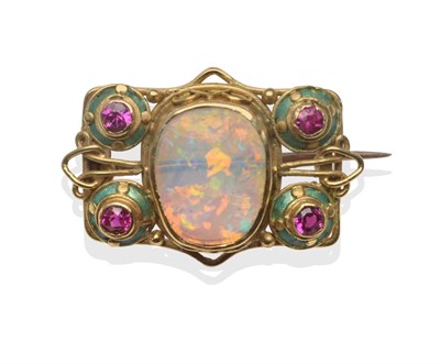 Lot 291 - An Arts & Crafts Opal and Ruby Brooch, of almost oblong form, an oval polished slab opal centrally