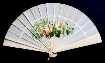 Lot 450 - A Late 19th Century Ivory Bris‚ Fan, with wide sticks, painted with an attractive spray of apricot