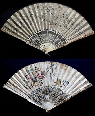 Lot 458 - An Early 18th Century Ivory Fan, the monture carved and pierced and painted. The double velum...