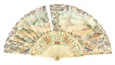 Lot 460 - An 18th Century Bone (?) Fan, the guards inset with small mother-of-pearl slivers and painted...