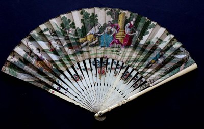 Lot 462 - An 18th Century Printed Fan, hand coloured, the slender ivory monture fairly plain with some simple