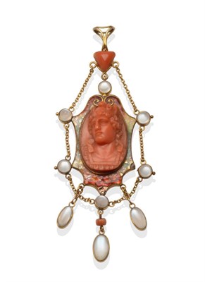 Lot 298 - An Art Nouveau Pendant, possibly by James Cromar, with a carved coral centrally depicting a...