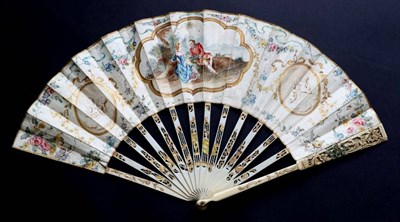 Lot 465 - A Mid-18th Century Ivory Fan, with velum leaf mounted … l'Anglaise, the upper guards carved...