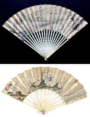 Lot 475 - An Early 18th Century Printed and Lightly Coloured Paper Fan, the ivory monture relatively...