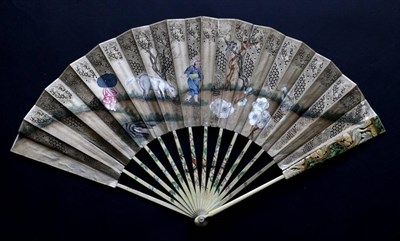 Lot 476 - A Mid-18th Century Ivory Fan, with slender sticks, the upper guards and gorge painted in sort...