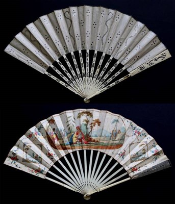 Lot 479 - A Mid-18th Century Ivory Fan, the double paper leaf elegantly embroidered with silver sequins....