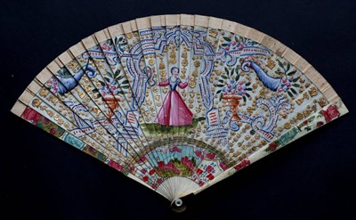 Lot 483 - A Fine 18th Century Ivory or Bone Bris‚ Fan, painted in bright blues and pink, further embellished