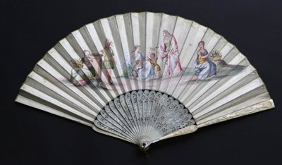 Lot 493 - A Finely Carved Early 18th Ivory Fan, the guards with figures, flowers and mother-of-pearl...