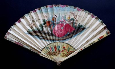 Lot 498 - A Striking 18th Century Courting Fan, ivory monture, the gorge painted with chinoiserie, the guards