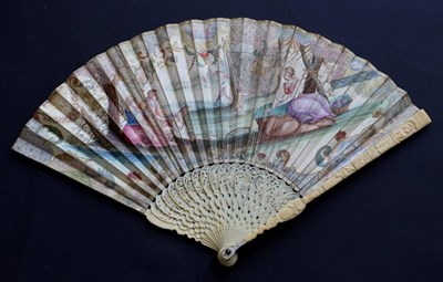 Lot 505 - O To Catch A Tiny Bird?: A Fine Early 18th Century Ivory Fan, with carved and pierced monture,...