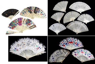 Lot 520 - A 19th Century Chinese Carved Bone Fan, Qing Dynasty, the white feathers painted in blue and silver