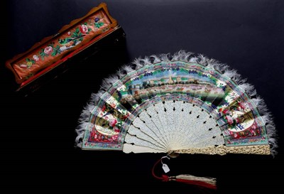 Lot 526 - Hongs of Canton: A 19th Century Carved Ivory Mandarin Fan, with double paper leaf, the shaped...