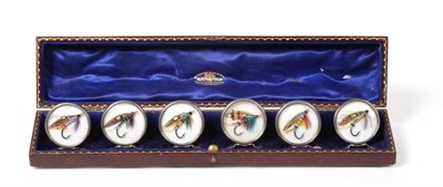 Lot 535 - A Set of Six Silver and Fishing Fly Menu Card Holders, Grey & Co, Chester 1912, circular on triform