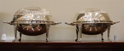 Lot 540 - A Pair of Electroplated Cylinder Serving Dishes, circa 1900, part fluted and with roll top, on...