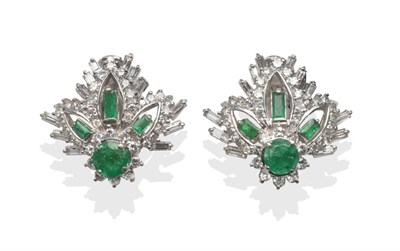 Lot 322 - A Pair of Emerald and Diamond Earrings, each inset with a round cut and baguette cut emeralds,...