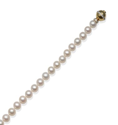 Lot 330 - A Cultured Pearl Necklace, thirty-nine cultured pearls knotted to an 18 carat gold spherical clasp