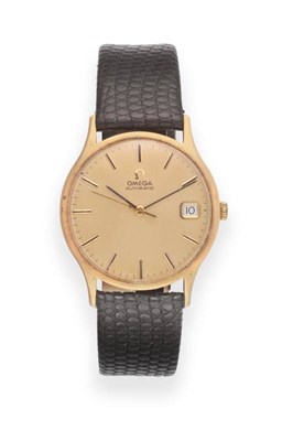 Lot 634 - A 9ct Gold Automatic Calendar Centre Seconds Wristwatch, signed Omega, 1976, (calibre 1012)...